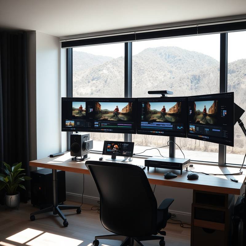 Ein Videoschnittplatz mit mehreren Monitoren und Schnittsoftware.