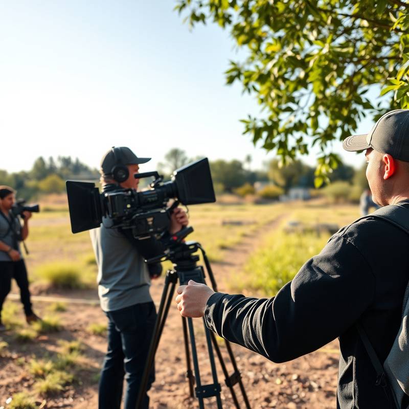 Eine Filmcrew, die eine Szene im Freien dreht.