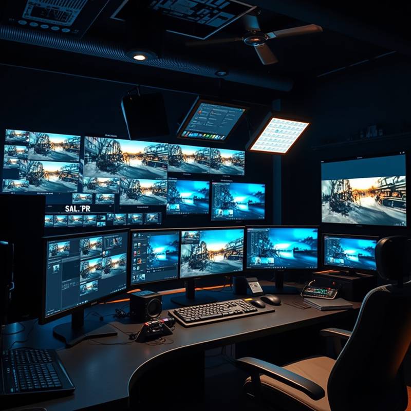 Videoschnittplatz mit mehreren Monitoren und professioneller Software